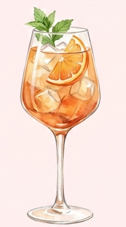 Watercolor illustration of an Aperol spritz in a wine glass, garnished with orange and mint