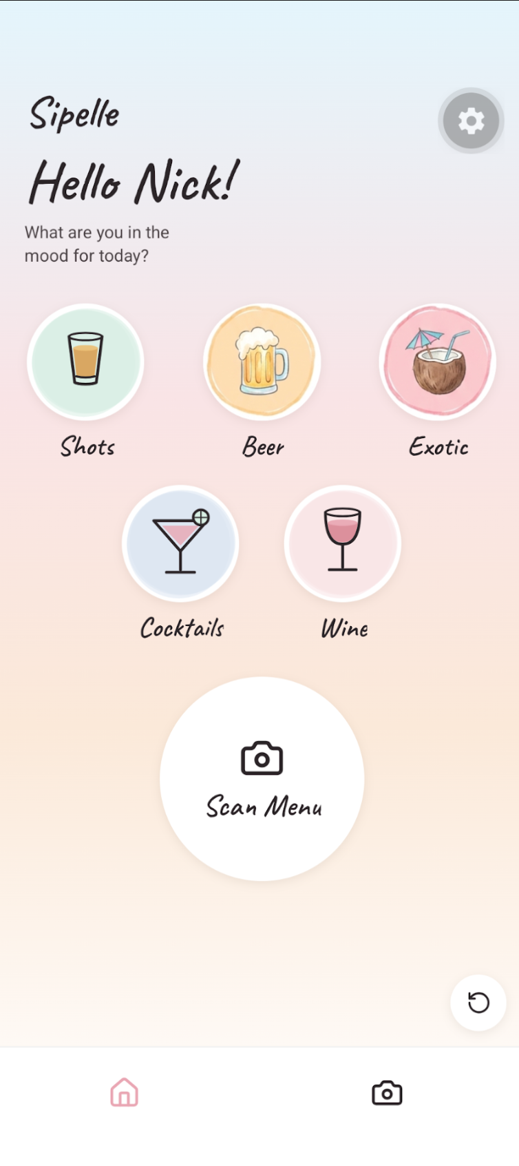 The Sipelle home screen: a warm greeting, five mood categories, and a Scan Menu button