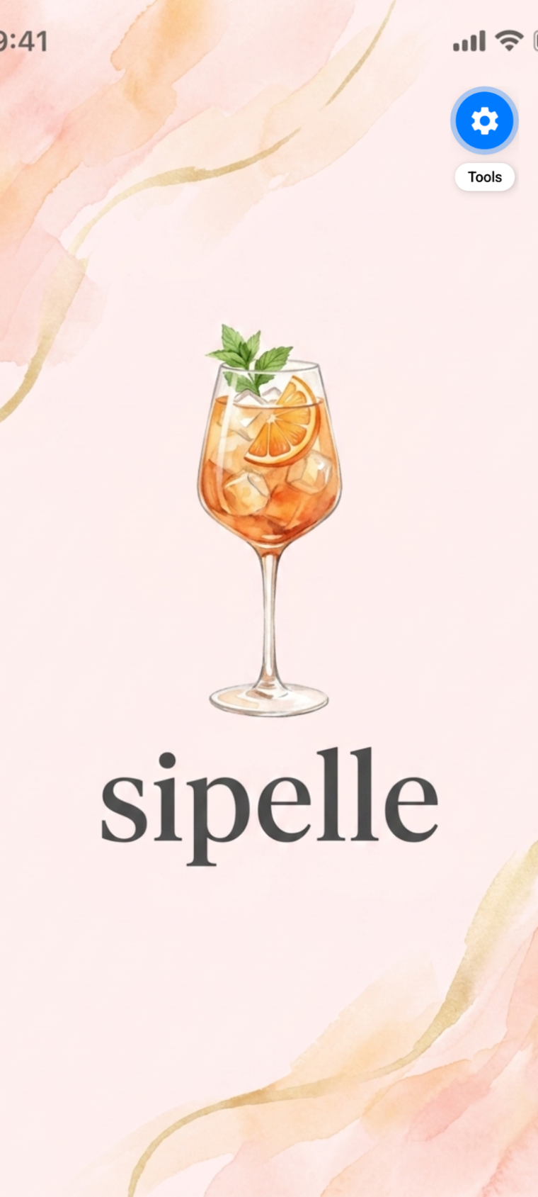 The Sipelle splash screen with the spritz-glass logo and the sipelle wordmark